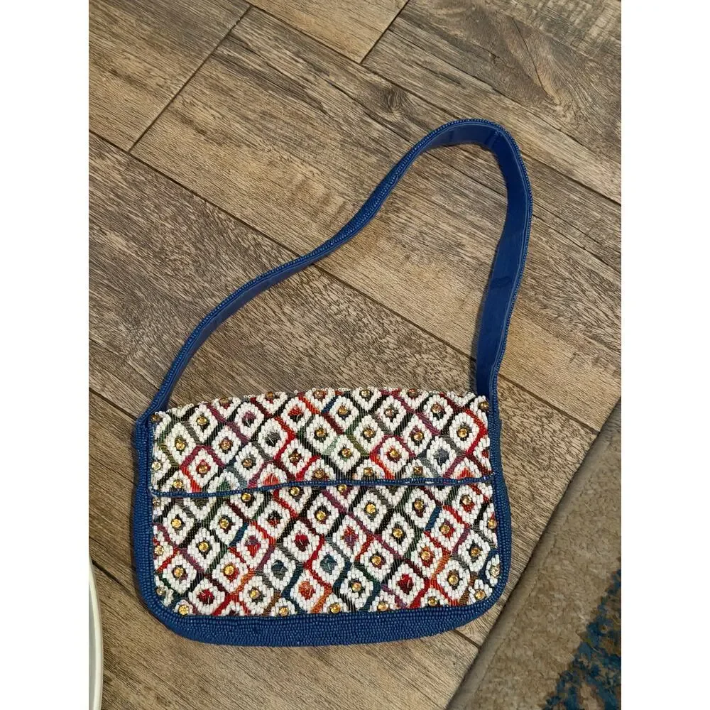 Anthropologie Maeve Fiona Beaded Bag Shoulder Straps Blue - Picture 3 of 9